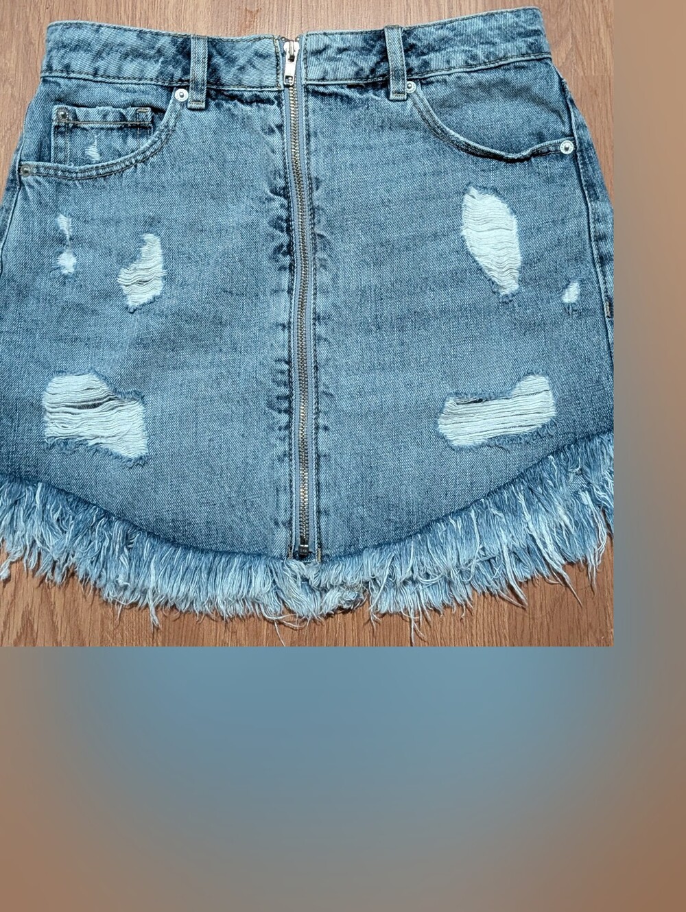 Garage Light Blue Distressed Denim Mini Skirt with Front Zip